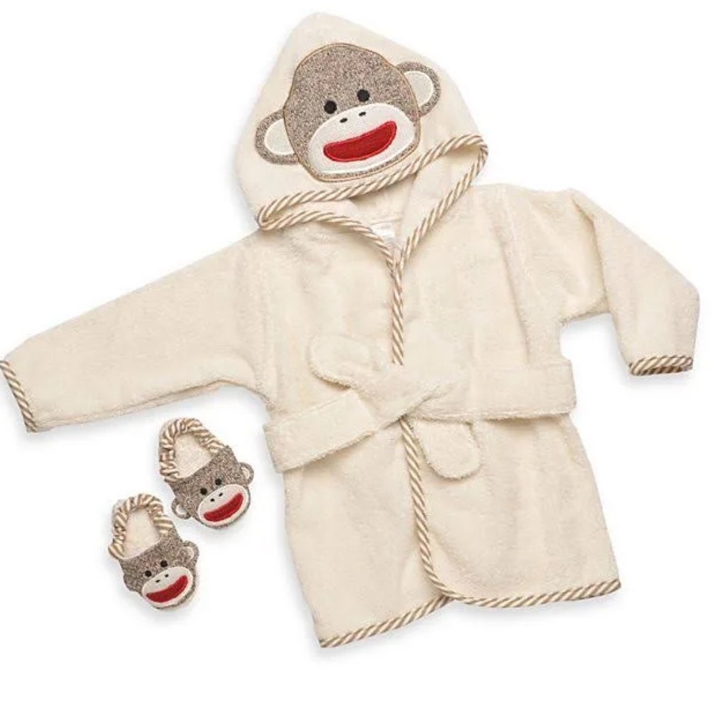 Baby Starters Sock Monkey Hooded Bath Robe & Slipper Set (0-9 Months)